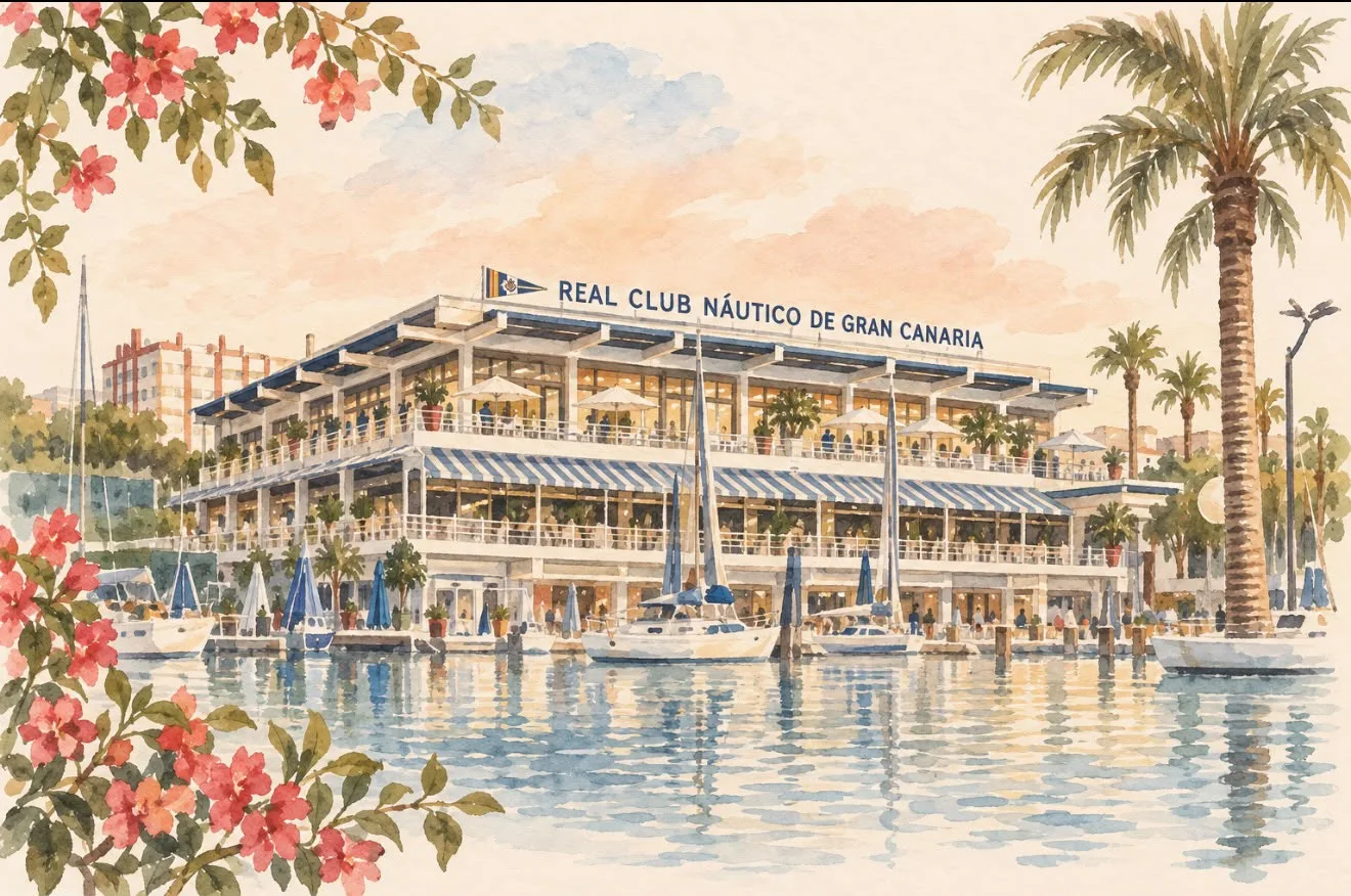 Acuarela del Real Club Náutico de Gran Canaria desde el mar