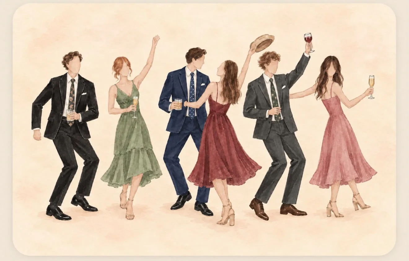 Acuarela de invitados bailando con trajes oscuros y vestidos midi